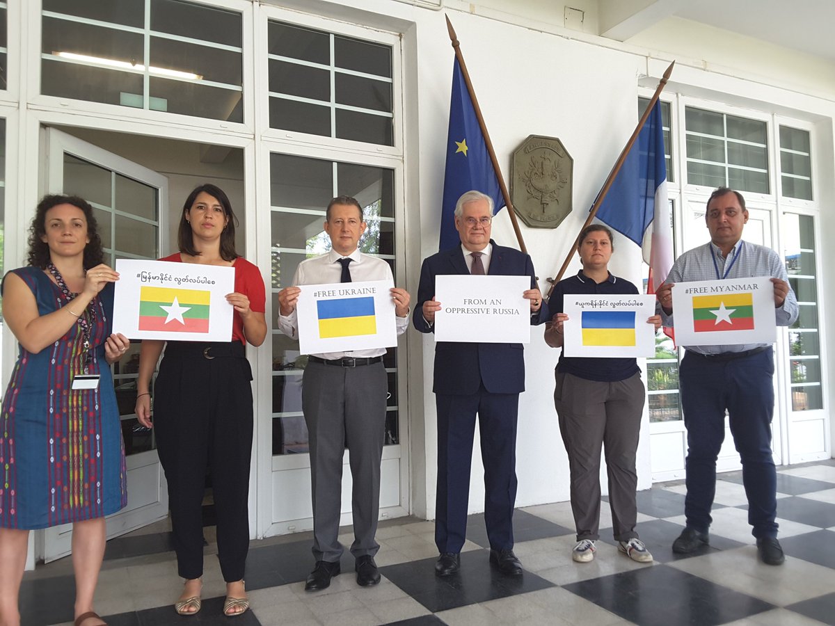 The French Embassy in Myanmar stands with the people of Myanmar and Ukraine for their rights and freedoms to be fully respected. #WhatsHappeningInMyanmar #AvecToiMyanmar