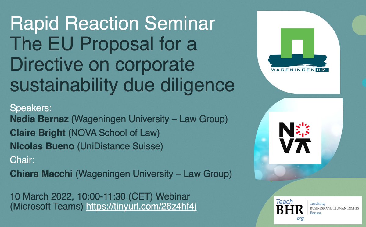 🔔On March 10, we will discuss the newly-published (and long-awaited) proposal of the @EU_Commission for a Directive on corporate #sustainability due diligence. 
Join us online at: tinyurl.com/26z4hf4j
#bizhumanrights #duediligence #mHREDD