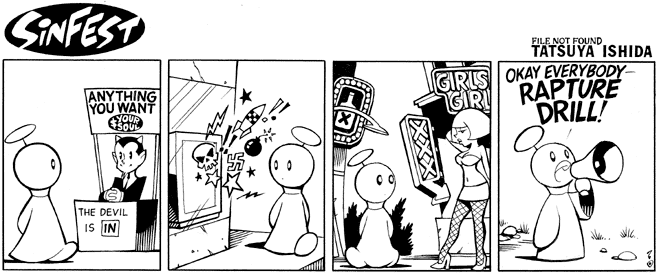 Not much here, but you can see the roots of tatsuya's famous "walking around and sadly looking at this debauched world" bit that now happens every second strip. you can actually parse what's happening here tho, this was before he went full ben garrison