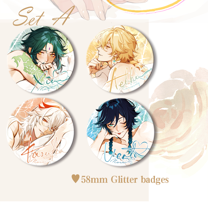 【US 🇺🇸/WW GO】
☀️ @/eriimyon 's Good Morning 2.0☀️
Badges, Shikishis, and Pillow cases for Aether, Kazuha, Venti, and Xiao 

🍃PO Period: February 28 - March 6, 11:59 PM EST/GMT-5

🍃Group order form posted exclusively in my Discord (link in thread ⬇️) 