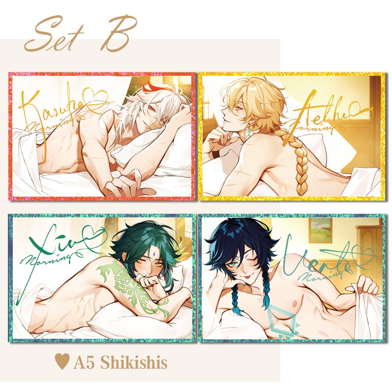 【US 🇺🇸/WW GO】
☀️ @/eriimyon 's Good Morning 2.0☀️
Badges, Shikishis, and Pillow cases for Aether, Kazuha, Venti, and Xiao 

🍃PO Period: February 28 - March 6, 11:59 PM EST/GMT-5

🍃Group order form posted exclusively in my Discord (link in thread ⬇️) 