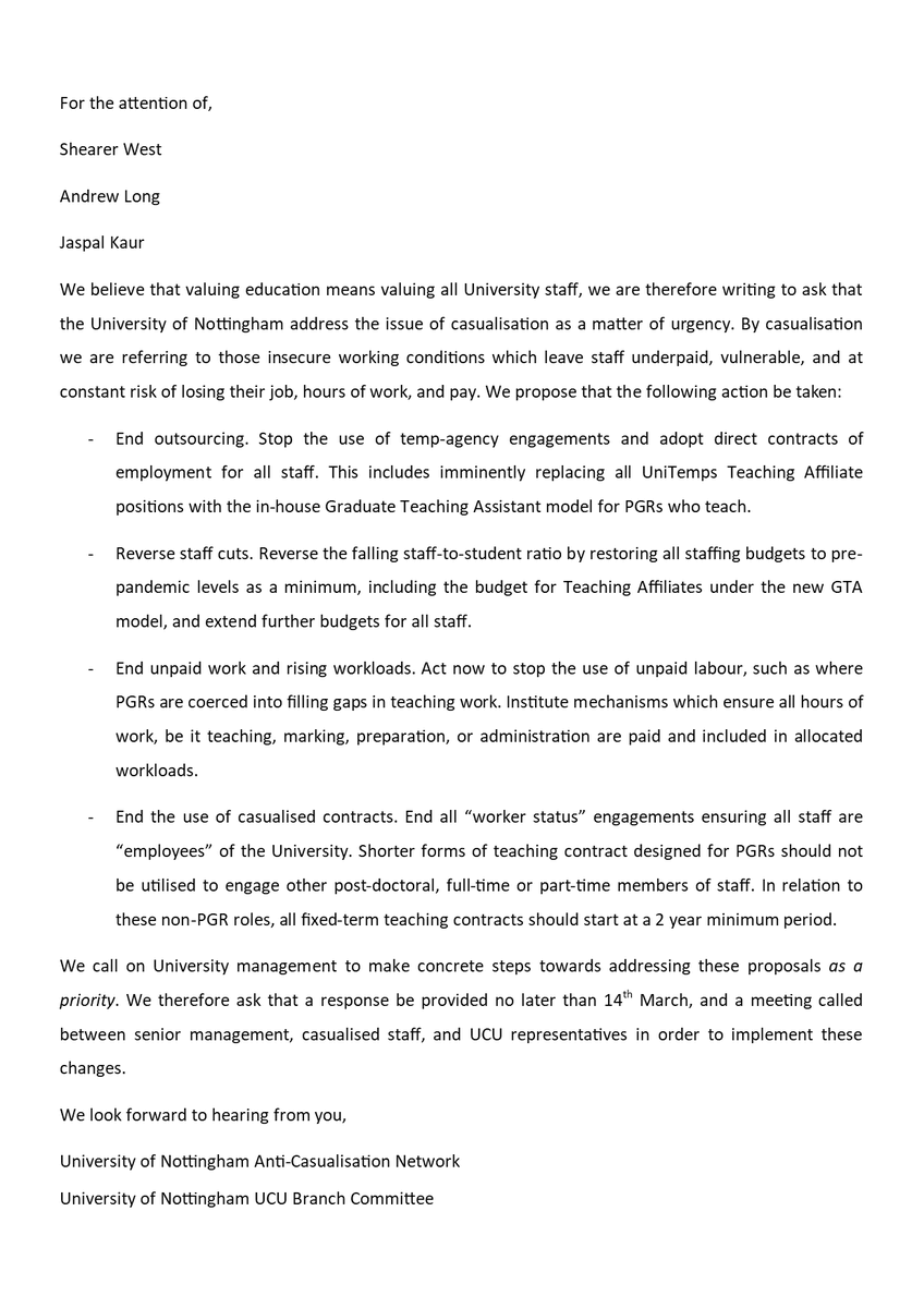 UoN Anti-Casualisation Network (@uoncasuals) on Twitter photo We have written to <a href="/UniofNottingham/">Uni of Nottingham #WeAreUoN</a> management today, alongside <a href="/UoNUCU/">University of Nottingham UCU branch</a>, calling on them to address the insecure working conditions which leave casualised staff underpaid, vulnerable, and at constant risk of losing their job, hours of work, and pay #WeAreUoN #4Fights We have written to <a href="/UniofNottingham/">Uni of Nottingham #WeAreUoN</a> management today, alongside <a href="/UoNUCU/">University of Nottingham UCU branch</a>, calling on them to address the insecure working conditions which leave casualised staff underpaid, vulnerable, and at constant risk of losing their job, hours of work, and pay #WeAreUoN #4Fights