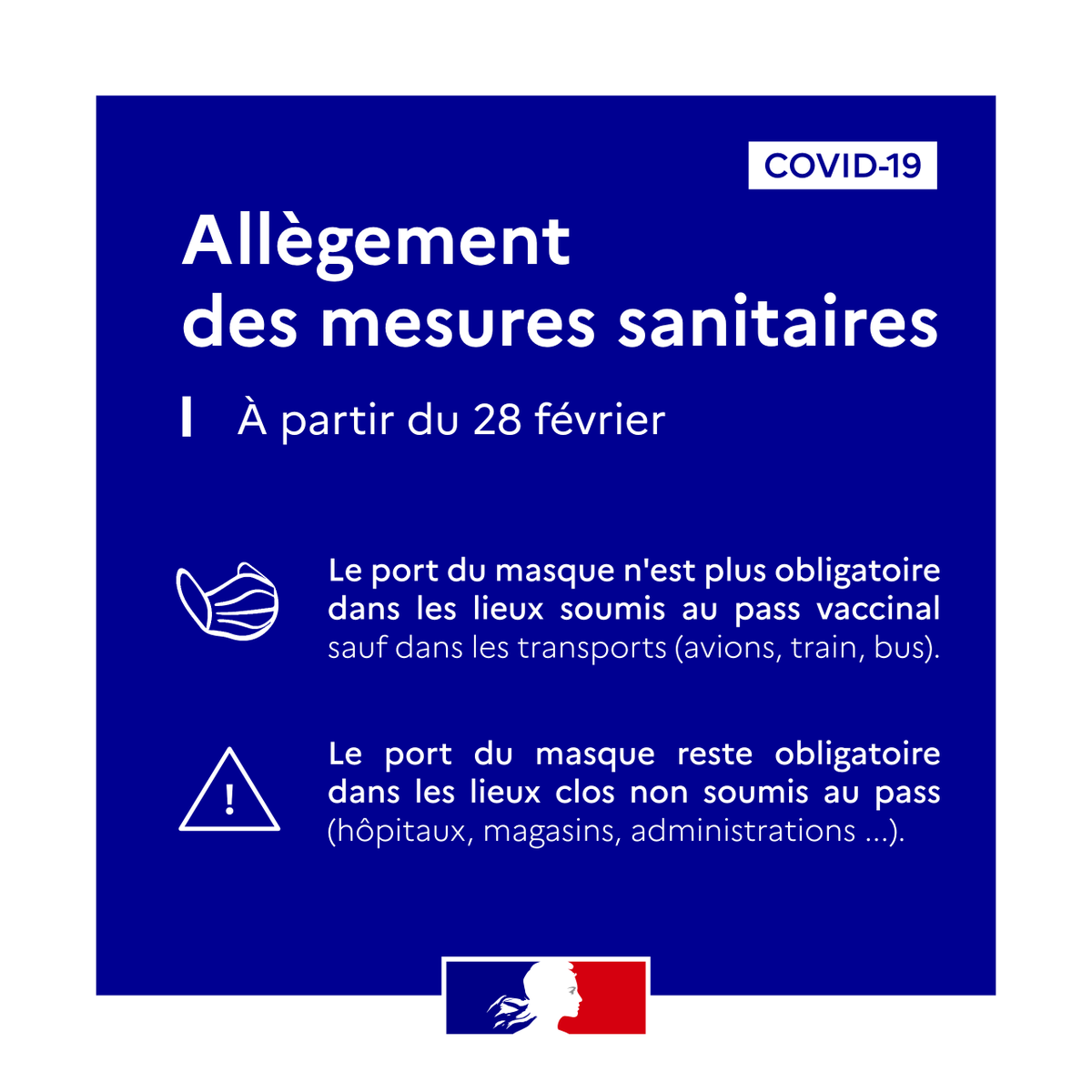 #Covid19 | 😷 À partir de ce lundi 28 février, le port du masque n'est plus obligatoire dans les lieux soumis au pass vaccinal :
✅ Restaurants, cafés, cinémas, théâtres, musées ...
❌ Sauf dans les transports en commun (bus, trains, avions..)
➕d'infos 👉 swll.to/GBMCCS2
