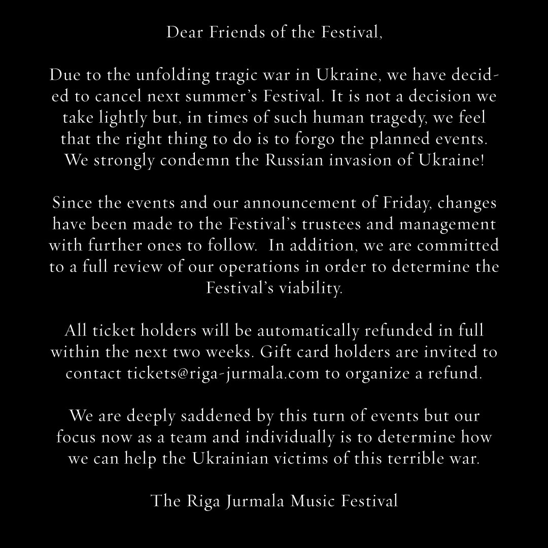 Riga Jurmala Music Festival Suspended #WeStandWithUkraine