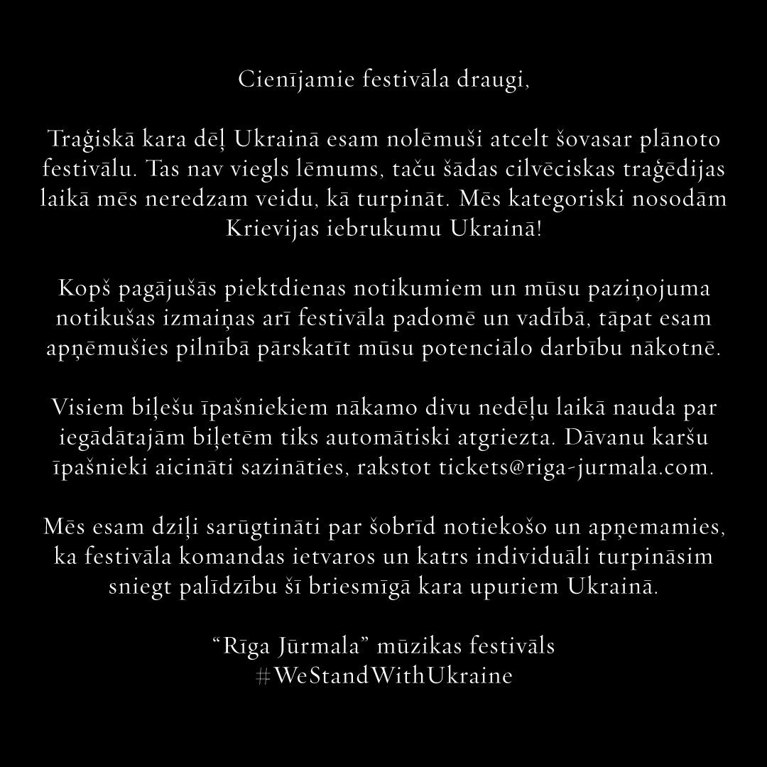 Festivāls “Rīga Jūrmala” atcelts #WeStandWithUkraine