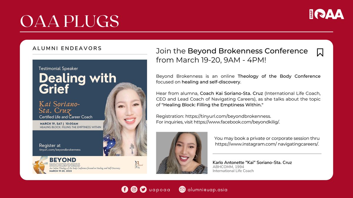 𝐎𝐀𝐀 𝐀𝐋𝐔𝐌𝐍𝐈 𝐏𝐋𝐔𝐆𝐒 📣

Hear from alumna, 𝗖𝗼𝗮𝗰𝗵 𝗞𝗮𝗶 𝗦𝗼𝗿𝗶𝗮𝗻𝗼-𝗦𝘁𝗮. 𝗖𝗿𝘂𝘇 on Mar. 19, 10AM as she talks about '𝗛𝗲𝗮𝗹𝗶𝗻𝗴 𝗕𝗹𝗼𝗰𝗸: 𝗙𝗶𝗹𝗹𝗶𝗻𝗴 𝘁𝗵𝗲 𝗘𝗺𝗽𝘁𝗶𝗻𝗲𝘀𝘀 𝗪𝗶𝘁𝗵𝗶𝗻.”

Register at tinyurl.com/beyondbrokenne…. 

#OAAPLUGS2022