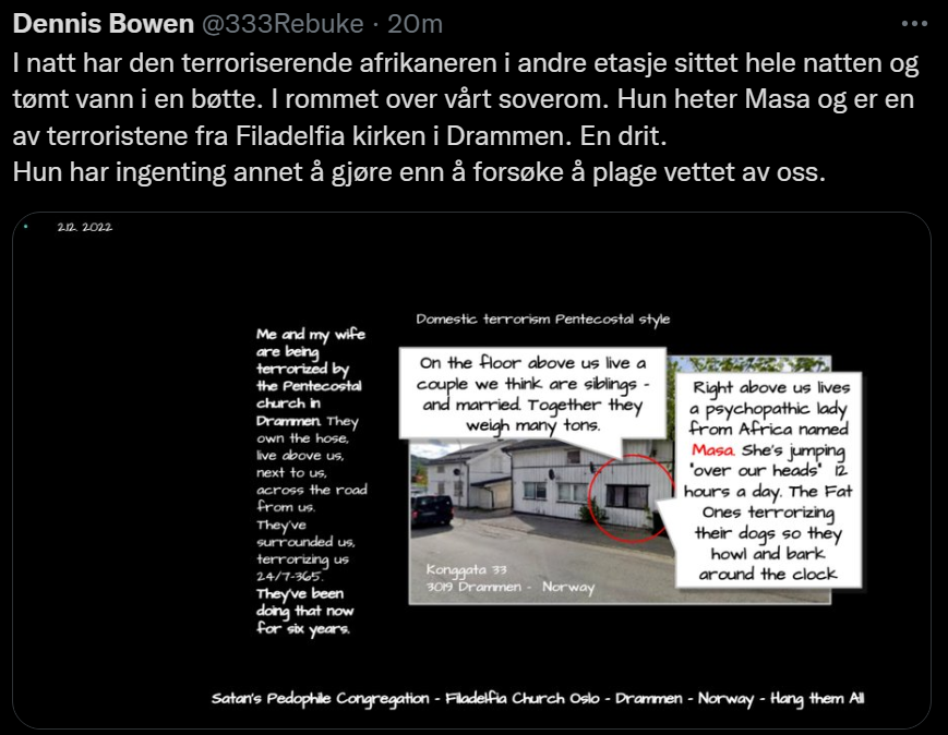 333Rebuke's tweet photo. Bor i andre etasje i Konggata 33, 3019 Drammen. De styggeste menneskene jeg har møtt. 
Masa bør legges inn på psykiatri, for hun er fullstendig rape gal. Afrikaner, og enkel å kjenne igjen. Taler i tunger i Filadelfiakirken i Drammen. https://t.co/Mj59BTXnXM