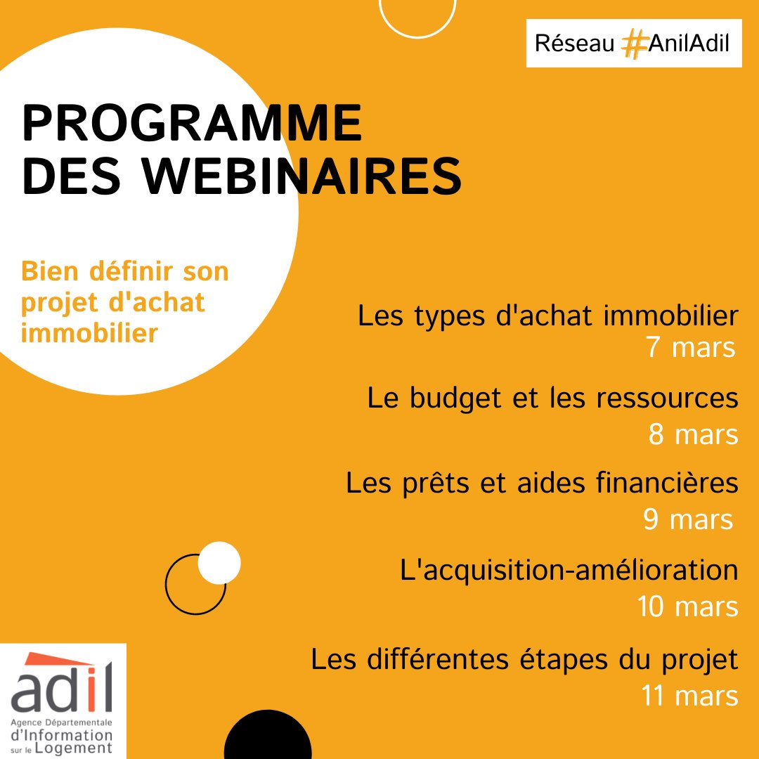 [🔔 SAVE THE DATE 📅 ] Vous souhaitez en savoir plus sur votre projet d’#achat #immobilier ? Le réseau #AnilAdil organise la semaine de l’#accession à la propriété du 7 au 11 mars ! 

⬇ Voir les liens d'inscription à nos #webinaires en commentaire ⬇
