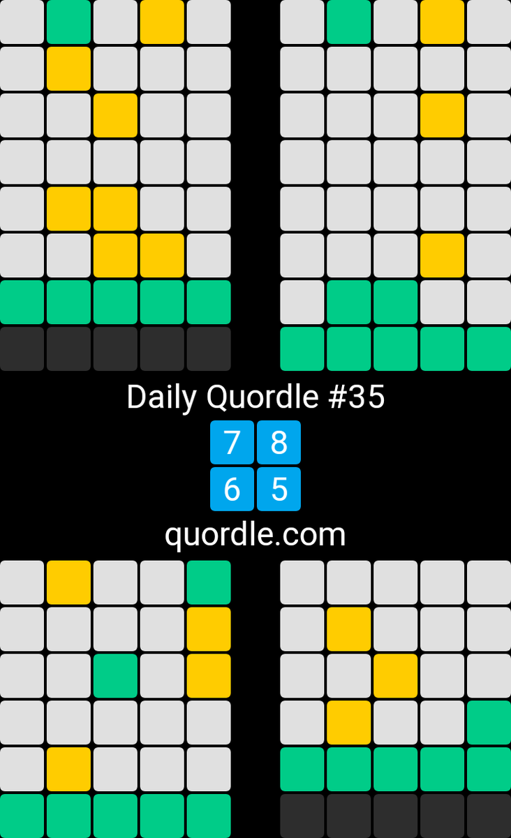 Daily Quordle #35
7️⃣8️⃣
6️⃣5️⃣
quordle.com