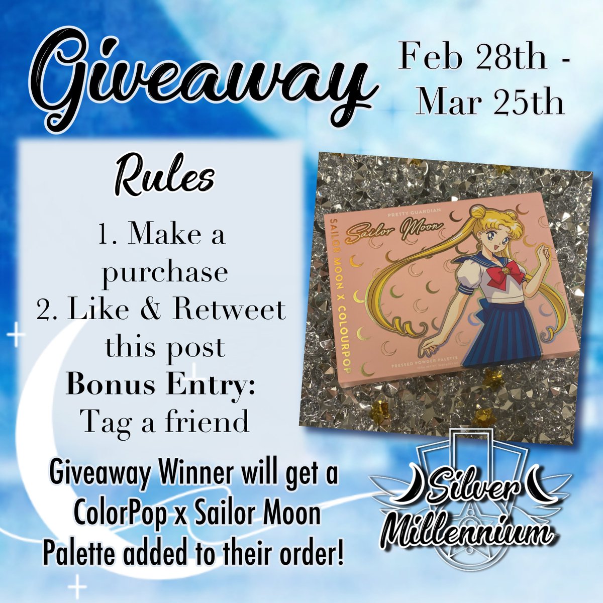 SilverMoonCards's tweet photo. 🌙✨GIVEAWAY✨🌙

We will be adding a Sailor Moon x ColorPop Makeup Palette to one lucky customer order! 

To enter:
1️⃣ Make a purchase in our shop. All previous orders do count! 
2️⃣ Like &amp; Retweet this post!
🌙Bonus Entry: Tag a friend

Deadline to enter: Mar 25th 11:59PM EST https://t.co/zy4BR0C5tC
