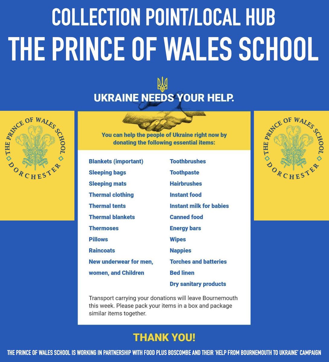 The Prince of Wales School <a href="/POWFS/">POWFS</a> has been set up as a collection point to help the people of Ukraine. Open daily 8am - 6pm. 

See poster for details of items needed 💙💛 #dorchester