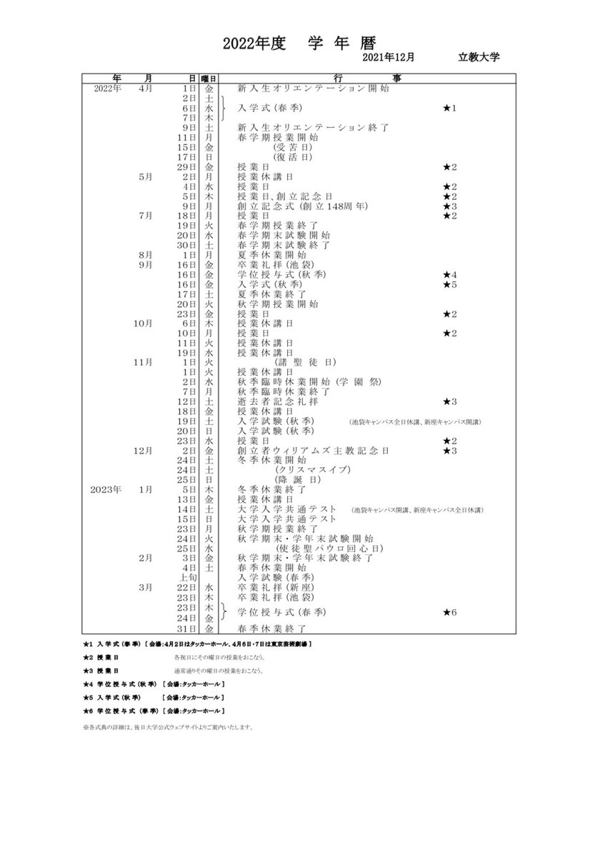 立教大学これからの予定 成績発表 3月14日（月） 履修登録 4月2日（土