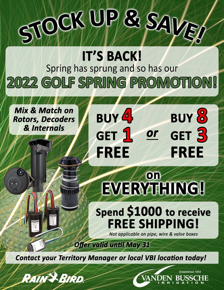 VBIrrigation's tweet photo. STOCK UP AND SAVE! Be ready when that snow melts and get your golf orders in today with our annual Golf Spring Promotion! Contact your local Territory Manager for details. #springsavings #irrigation https://t.co/XxtBe43HDn