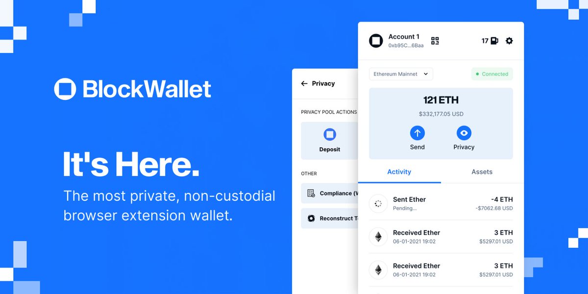 #BlockWallet launches!

Meet the non-custodial browser wallet which keeps you private when you send or receive crypto and connect to your favorite #Web3 apps.

 Medium ⬇️
bit.ly/35A1wEH

Download ⬇️
bit.ly/3It2Ck4

Thread ⬇️