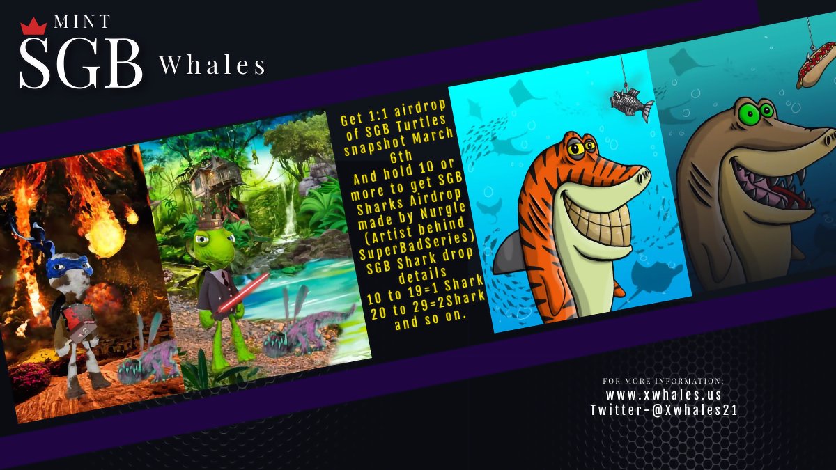 shawnmayj's tweet image. 🎁✨Giveaway✨🎁

0.50 XWhales to 2 lucky people
Follow @Xwhales21 &amp;amp; Me
Like &amp;amp; Retweet
Mint SGB Whales bit.ly/3sAYxVD to get 1:1 free airdrop of SGB Turtles snapshot March 6th
Mint 10 or more to get SGB Sharks created by non other then @Nurglecorp
#SGB #XRP #NFT #NFTdrop