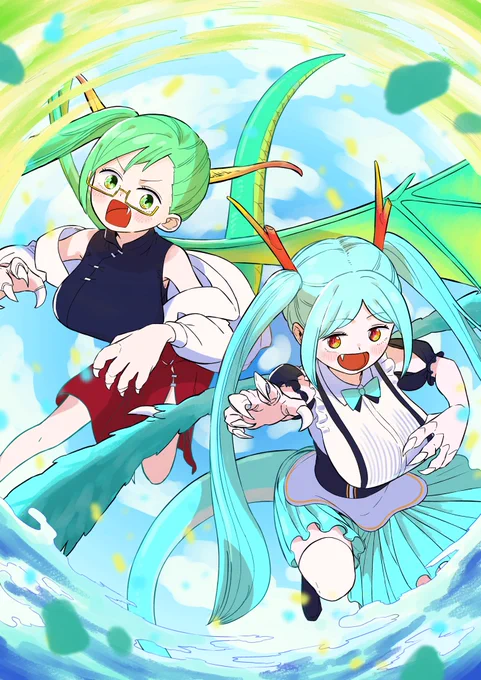 とりとらじおで話があった、いおすーの龍人化絵です!イオリンの属性は変えてしまいました!光と闇は表現出来なかった!水で勘弁しください!!!角や爪が付いた女の子は可愛い!!!#すずあーと#イオリの森美術館 