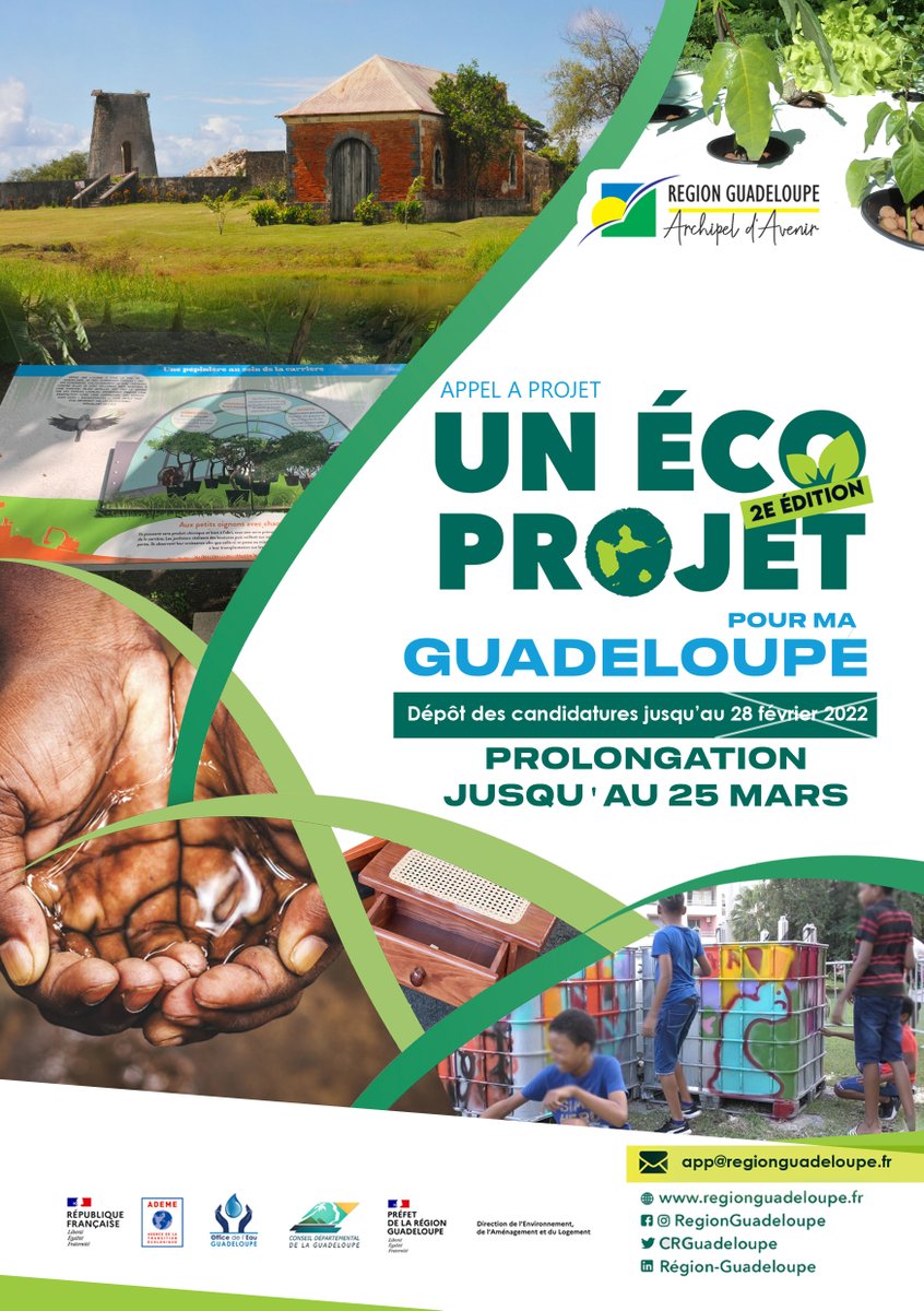 🚨Prolongation 2è édition Appel à projet "Un écoprojet pour ma Guadeloupe".
📍📍La date limite de dépôt des dossiers est prolongée jusqu'au 𝟐𝟓 𝐦𝐚𝐫𝐬 𝟐𝟎𝟐𝟐. 
Retrouvez toutes les informations concernant l'appel à projet en cliquant sur ce lien : bit.ly/3pvLgw1