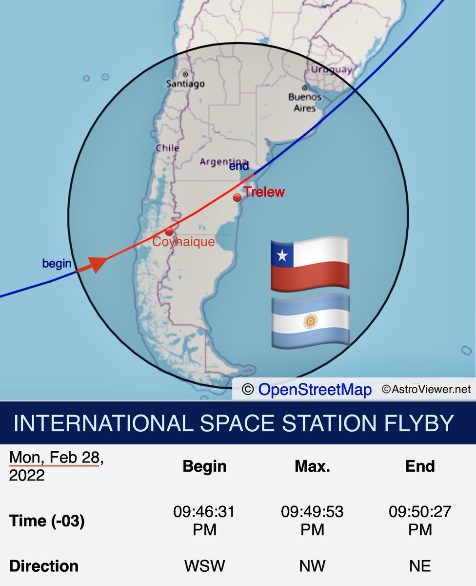 🇨🇱 Aysén 🇦🇷 Chubut Feliz lunes: la Estación Espacial Internacional se podrá ver hoy a simple vista (si las nubes lo permiten) en todas partes a las 21:48 📲 pon la alarma 📲 toma foto Crew spacefacts.de/english/e_toda… 🌎 vigoalminuto.com/2019/07/04/ign…