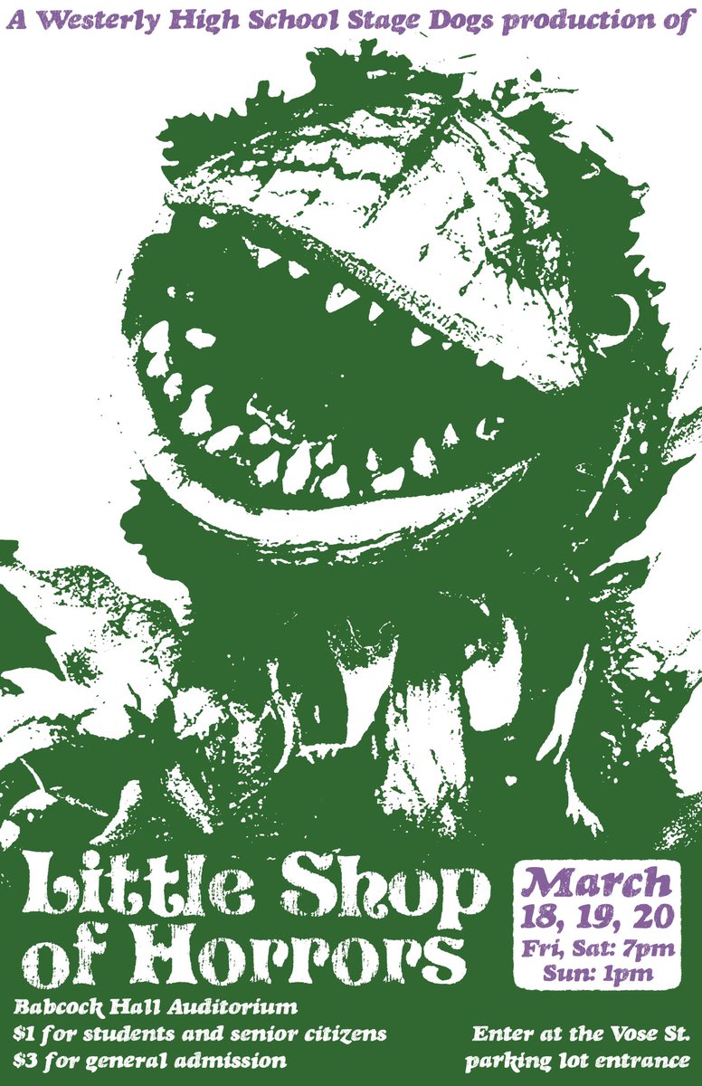 Little Shop of Horrors! March 18 and 19 at 7pm and March 20 at 1pm.  Tickets are $3 ($1 for students and seniors).  Enter at Vose Street.