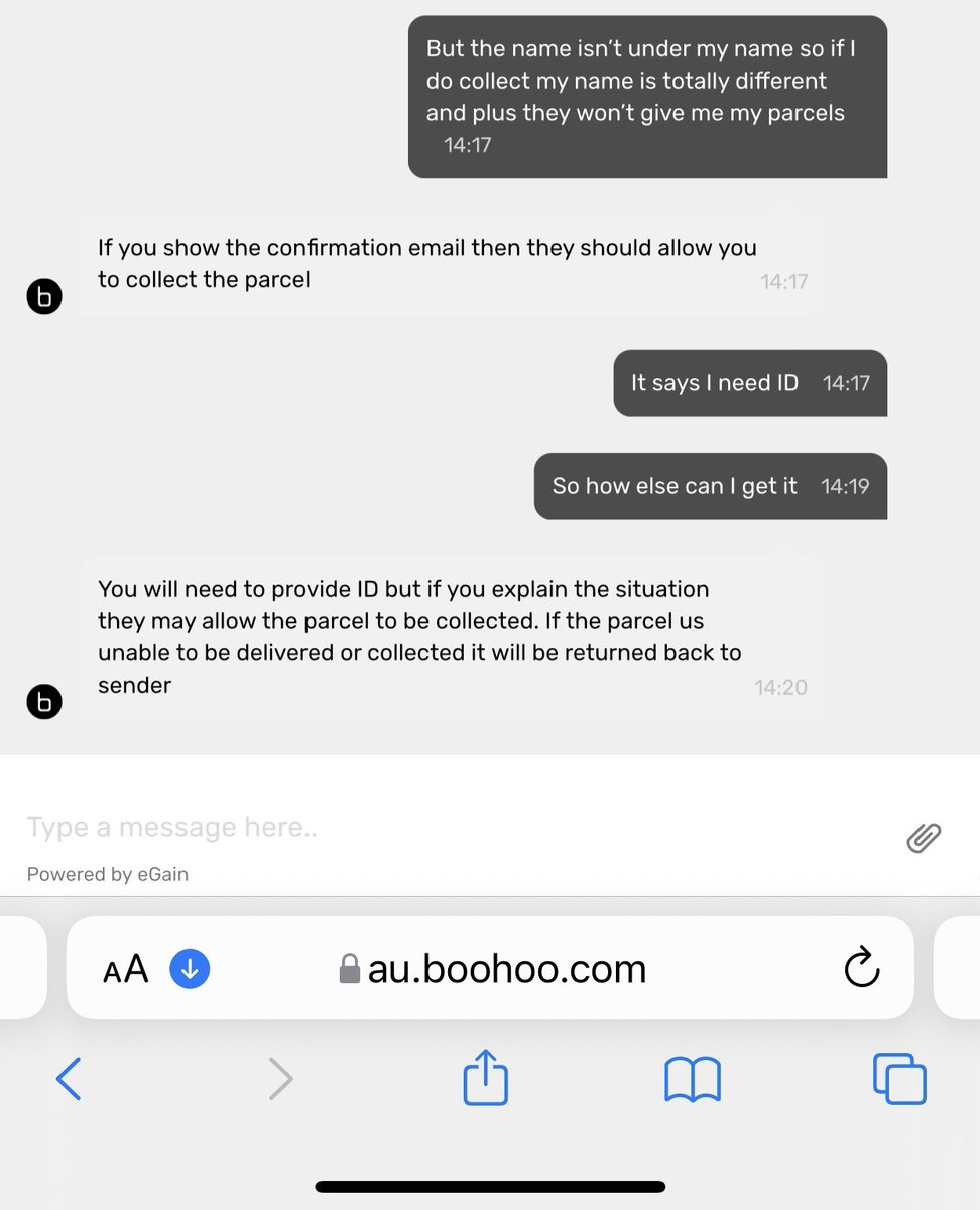 BIGGELZ_'s tweet photo. @boohoo_cshelp your colleagues on the live chat clearly states my name,email &amp; number match my details but the address doesn’t so you’ve made the error here’s the proof of that in writing https://t.co/thrytxKy6n