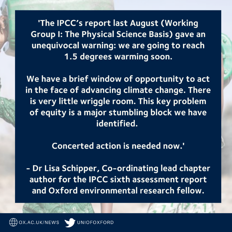 UniofOxford's tweet photo. 'Once we have hit 1.5C, some impacts of #climatechange will become irreversible, particularly in some sensitive ecosystems.'

Dr @schipper_lisa explains the new @IPCC_CH report from #WGII and the future of climate adaptation.

Read more ⬇️ #IPCC