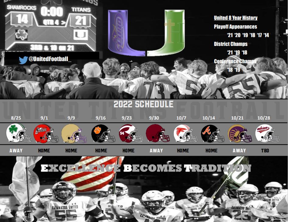 United Football (@unitedfootball_) on Twitter photo 2022 Schedule Poster. The Titans play six teams that were in the playoffs last season. Country Roads🎶 Let's Go! #EBT
<a href="/Coach_Ayotte/">Troy Ayotte</a>
<a href="/ZuiderveenDavid/">David Zuiderveen</a>
<a href="/HCPIrishSports/">Hackett Catholic Prep Sports</a>
<a href="/kcsa/">Kalamazoo Christian</a> 2022 Schedule Poster. The Titans play six teams that were in the playoffs last season. Country Roads🎶 Let's Go! #EBT
<a href="/Coach_Ayotte/">Troy Ayotte</a>
<a href="/ZuiderveenDavid/">David Zuiderveen</a>
<a href="/HCPIrishSports/">Hackett Catholic Prep Sports</a>
<a href="/kcsa/">Kalamazoo Christian</a>
