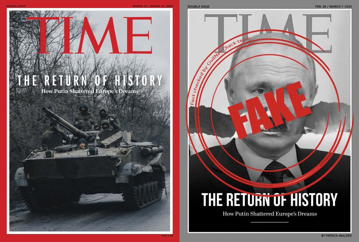 CivilNetTV's tweet photo. #CivilNetCheck #FactCheck
❌The alleged cover of Time magazine, showing Vladimir #Putin in the image of Hitler, is not the magazine's actual cover. (The version belongs to @MrPatrickMulder).
✔The real cover of the February 25 issue shows a #Russian tank that invaded #Ukraine https://t.co/ogXoqeSKXB