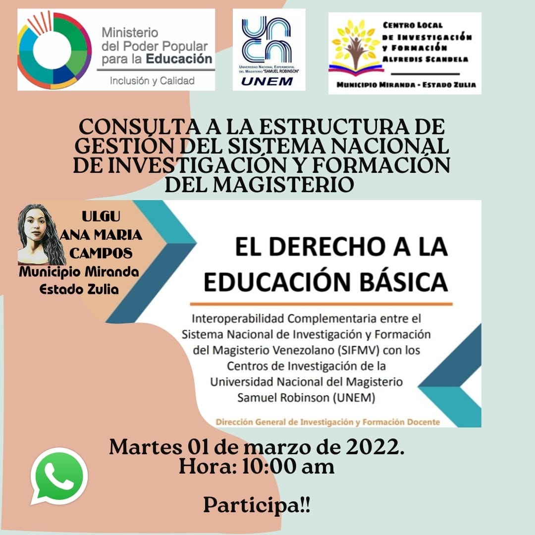 La ULGU Ana María Campos y El Centro Local de Investigación y Formación Alfredis Scandela te invita a Participar en la Propuesta "El Derecho a la Educación Básica. Interoperabilidad complementaria entre el SNIFM y los Centros de Investigación de la UNEM"

Martes: 01/03/2022.