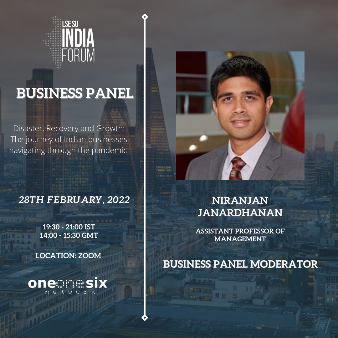 LSESUIndiaSoc's tweet photo. Introducing Professor Niranjan Janardhanan (Ninja), Assistant Professor in Management at the LSE, our moderator for the Business Panel today!

Join us with your questions in an hour!

@LSEManagement @drninjasrini

Join directly via this link:
https://t.co/piHPhyBpge https://t.co/7NHYDOteoY