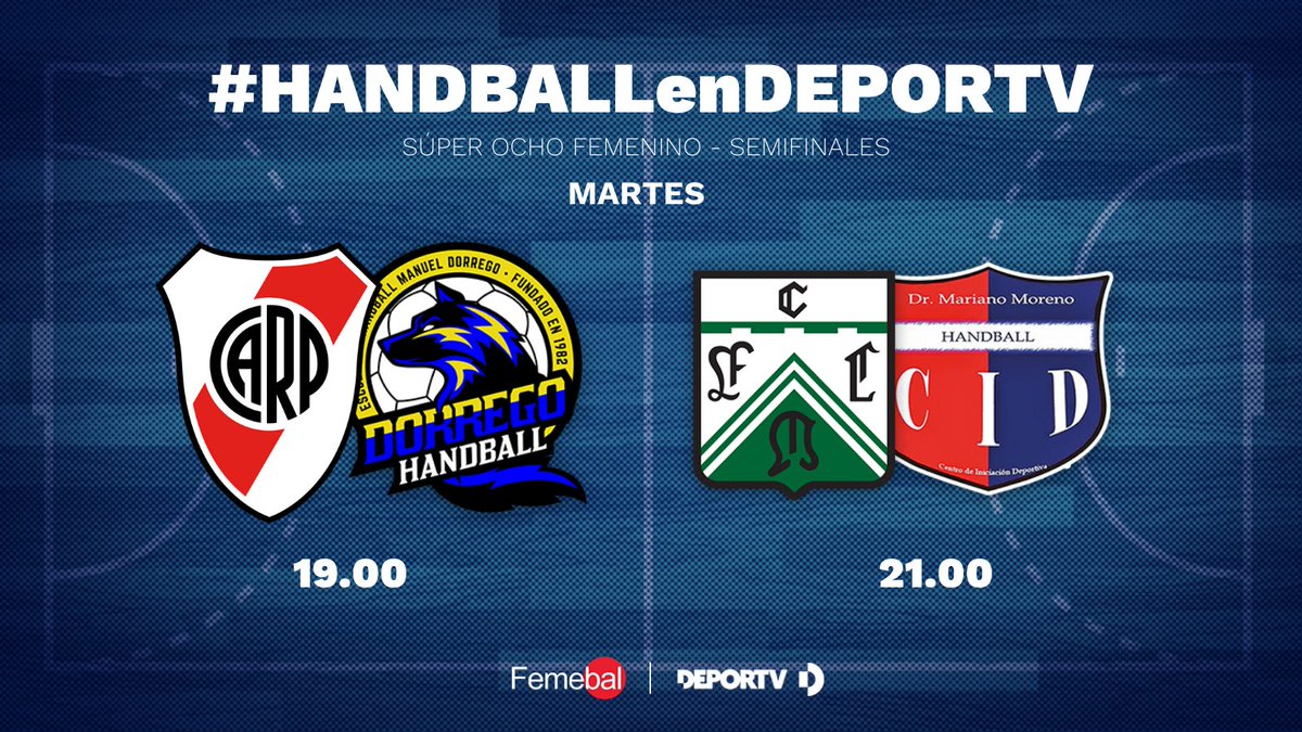 MAÑANA | #HANDBALLenDEPORTV🤾‍♀️

🏆Súper 8 LHD Oro - Semifinales

⏰ 19 hs.
👕  <a href="/HandballCARP/">Handball River Plate 🤾🏼‍♀️🤾🏼‍♂️🐔</a> 🆚 <a href="/dorregohandball/">Dorrego Handball</a> 

⏰ 21 hs.
👕  <a href="/FCOhandball/">FCO Handball</a> 🆚 <a href="/HandballCid/">CID MORENO</a>

🎙️ <a href="/hernandelorenzi/">Hernan E. De Lorenzi</a> - Valentina Kogan - <a href="/Iaru12/">Iara Embon</a>

🔴 EN VIVO en 📺HD y plataformas digitales📱💻🖥️