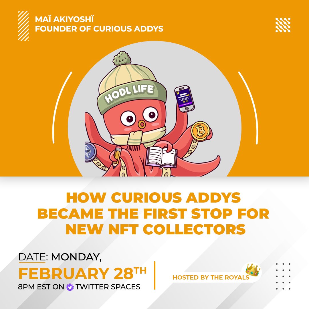 travelroyalnow's tweet photo. Gm Royals 👑

We are excited about our conversation today with @mai_on_chain! Join in &amp; bring a friend to learn about Curious Addys &amp; The Royals.

https://t.co/f1C1tMT7hz https://t.co/6yWi0nFH1a