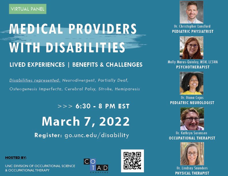 We are 1 week away from the Medical Providers with Disabilities Virtual Panel Discussion on 3/7! Don’t forget to register here: go.unc.edu/disability  
 <a href="/CLunsfordMD/">Christopher Lunsford, MD</a> <a href="/DianaCejasMD/">Diana Cejas, MD, MPH</a>