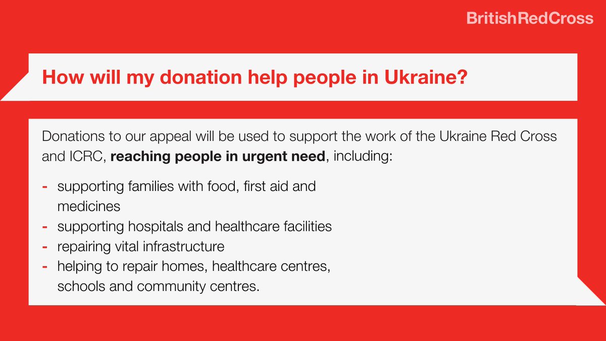 The Red Cross has been supporting people in #Ukraine for many years, and this will not stop now. 

Your donations really are making a difference, no matter the amount you give. Here's how.  

Donate today: bit.ly/UkraineCrisisA…