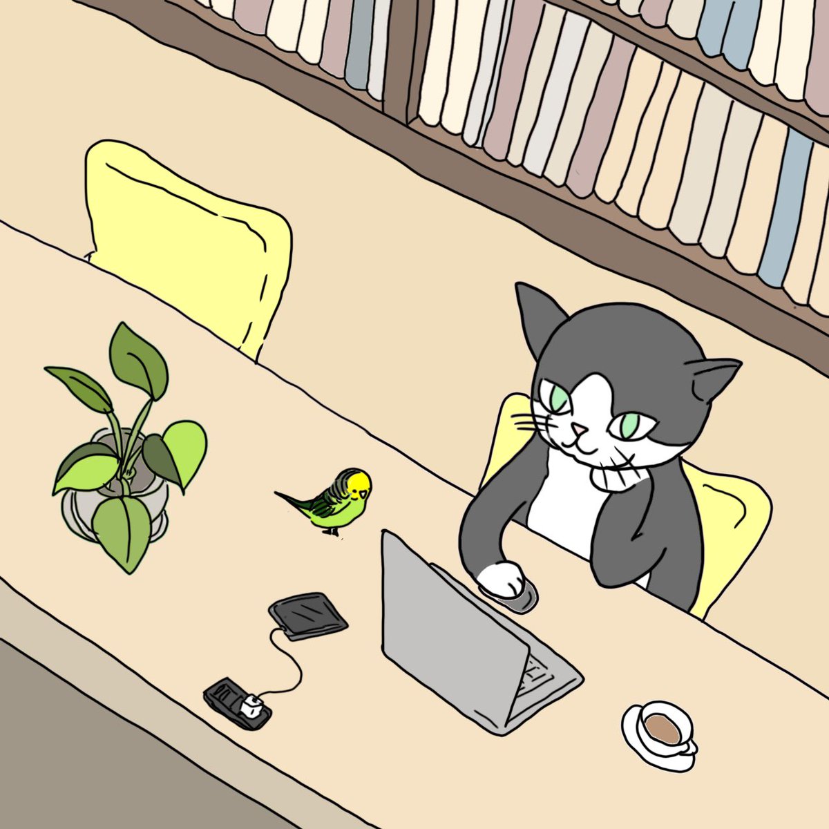 amonad01's tweet photo. お気に入りの場所があるって幸せな事なんだ。

#ゆるいイラスト #コンセントのあるカフェ #自分を認める #猫イラスト #いんこ #セキセイインコ https://t.co/d3n7JxBTFh