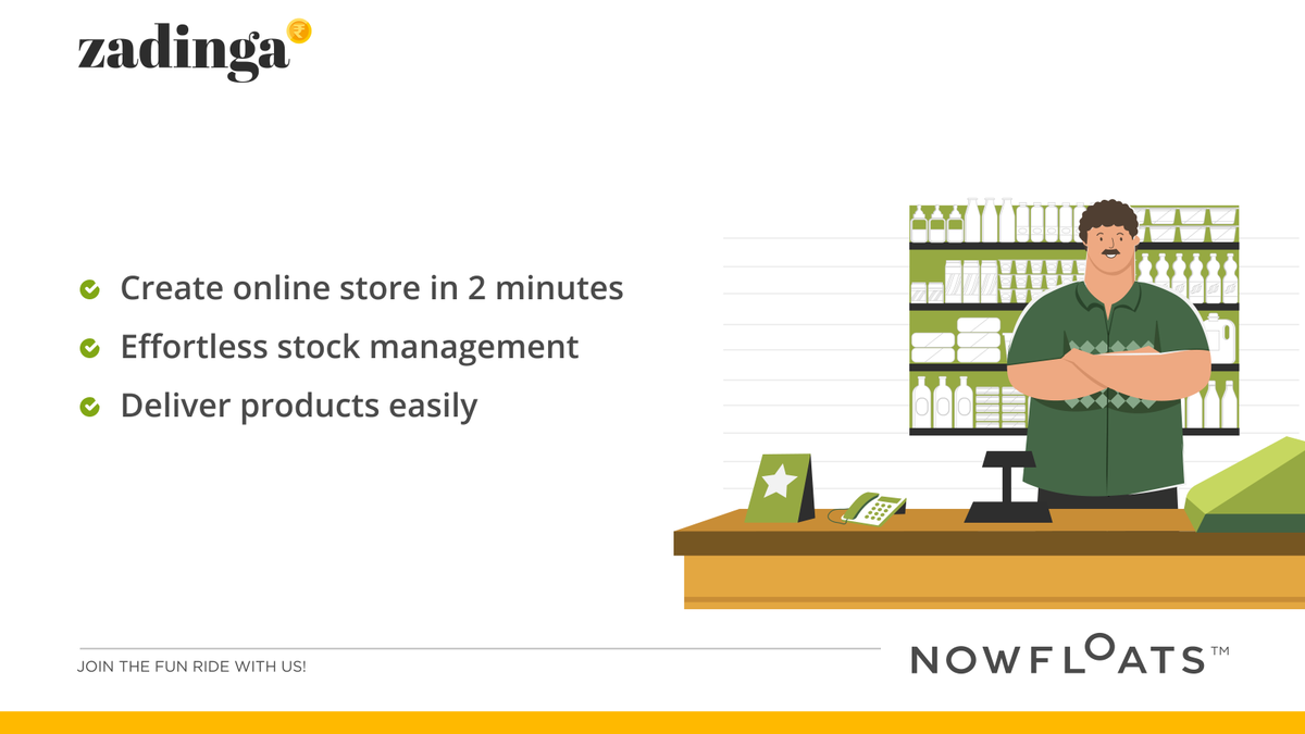 NowFloats's tweet photo. Turn your mobile phone into a powerful shop management system with Zadinga - the one-stop-shop management app from NowFloats. 

#nowfloats #insideNF #trusteddigitalpartner #Nfteam #allhands https://t.co/9n2hertB1e