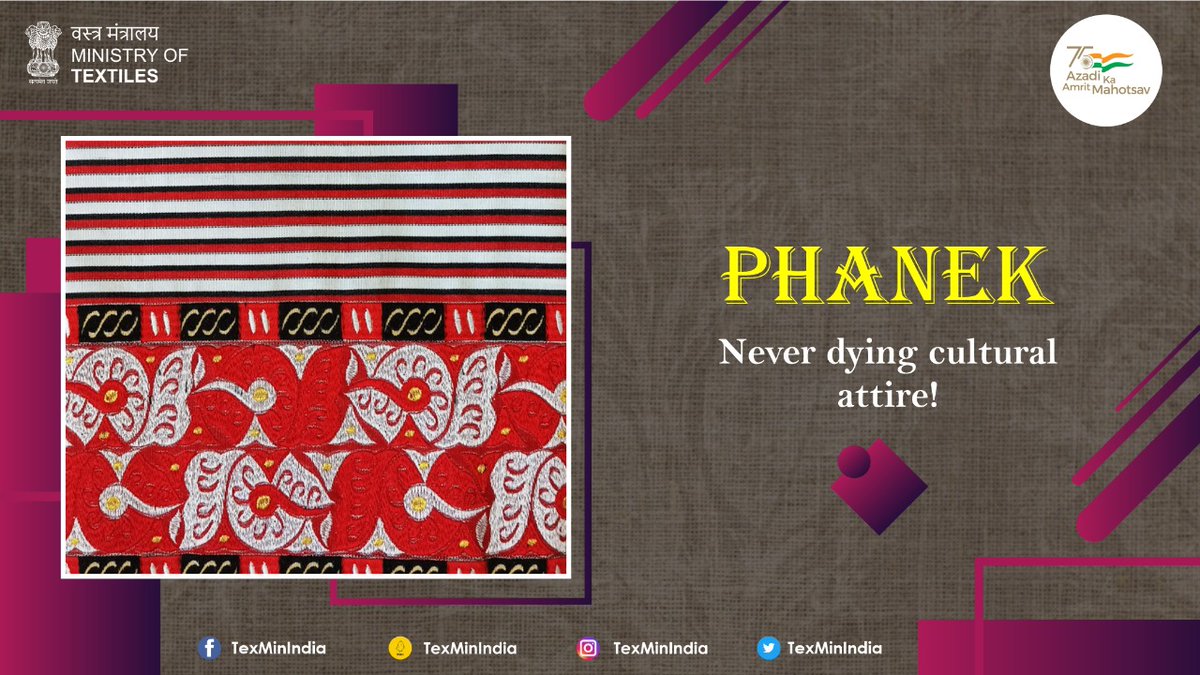 TexMinIndia's tweet photo. The Manipuri classic attire Phanek is an integral part of it’s culture. Womenfolk of Meitei tribe are known for wearing it with great passion. Phanek is worn like a partial saree along with a blouse and upper cloth.
#textiles #phanek #AzadiKaAmritMahotsav
#AtmaNirbharBharat https://t.co/EnQJLMoxGP