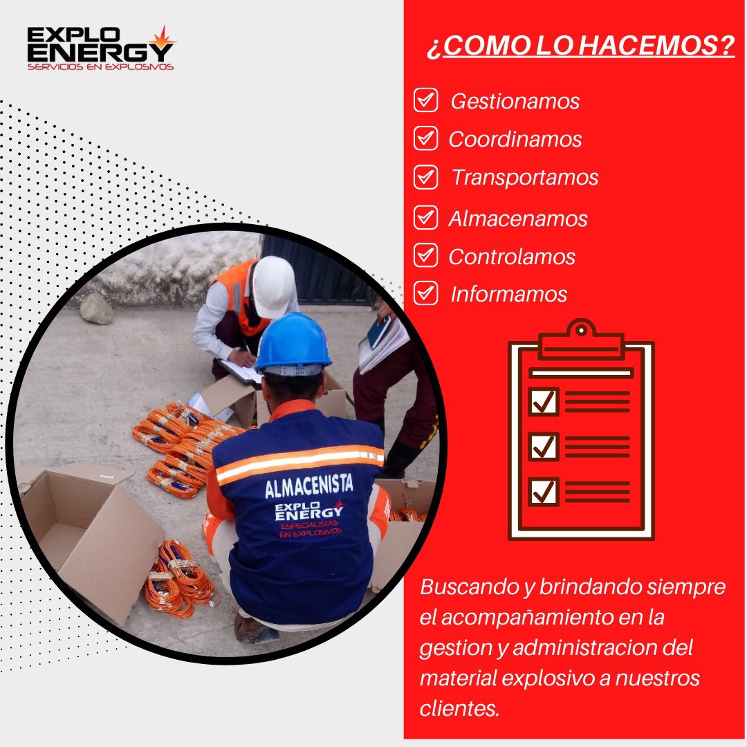 exploenergy's tweet image. Tramitamos y Gestionamos el uso de material explosivo en tu proyecto o mina,  garantizamos un flujo logístico completo para que puedas desarrollar tus operaciones de voladura sin ningún contratiempo, nuestro servicio de Administración y Control de material explosivo es integral.