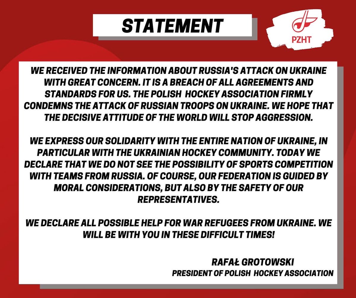 📝 Oświadczenie Polskiego Związku Hokeja na Trawie ⤵️ 

🇬🇧 Official Statement of the Polish Hockey Association ⤵️

<a href="/SPORT_GOV_PL/">Ministerstwo Sportu i Turystyki</a> 
<a href="/eurohockeyorg/">EuroHockey</a> 
<a href="/FIH_Hockey/">International Hockey Federation</a>