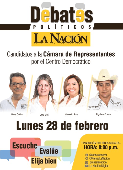 PrensaLaNacion's tweet photo. #DebatesLANACIÓN No se pierda hoy a partir de las 8 de la noche el gran debate con los candidatos a la Cámara de Representantes por el partido Centro Democrático. 

Transmisión en vivo a través de las redes sociales de LA NACIÓN. https://t.co/jwF7xUjnyi