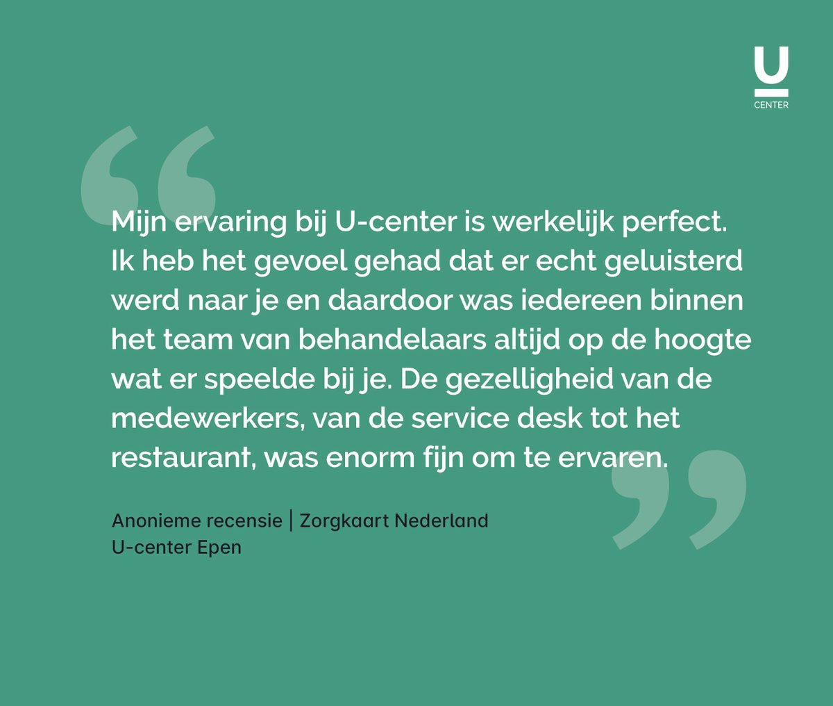 Weer een mooie waardering op Zorgkaart Nederland met een bijzonder compliment voor onze service- en restaurant collega's. Lees meer reviews op: zorgkaartnederland.nl/zorginstelling…

#ucenter #zorgkaartnederland