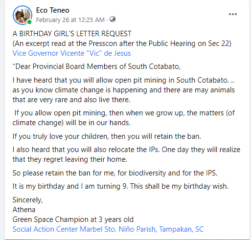 EcoTeneo's tweet photo. Dear Athena,
I hear you and I am with you. 
I will do everything I can to keep the open pit mining banned here in our province to preserve our biodiversity and our IPs' rich culture and tradition.
Ma. Ester Marin-Catorce, 
Board Member of South Cotabato Province https://t.co/WTP2UUIP8q