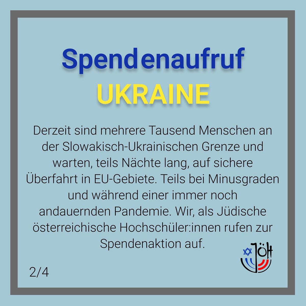 joehwien's tweet photo. Die Lage in der Ukraine dramatisch. Nicht nur politisch und militärisch, sondern auch humanitär.
Deshalb starten wir als JÖH beginnend *heute (28.2) bis Sonntag (6.3)* eine Spendenaktion. *Täglich* können zwischen *12:00-19:00* hierfür Spenden in der JÖH abgegeben werden. 
Danke https://t.co/9Q7LESQMyI