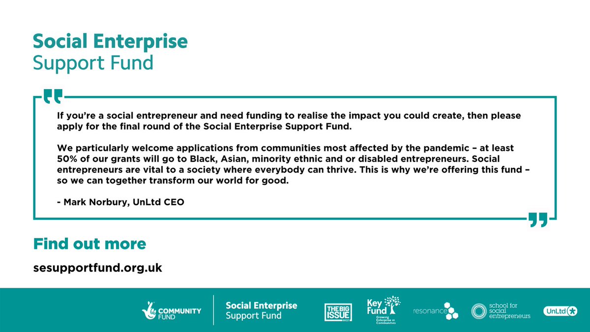 The Social Enterprise Support Fund re-opens for applications today at 1pm 

"If you're a social entrepreneur and need funding to realise the impact you could create, then please apply for the final round of the Social Enterprise Support Fund"

- <a href="/MarkjNorbury/">Mark Norbury is on BlueSky</a>, UnLtd CEO
