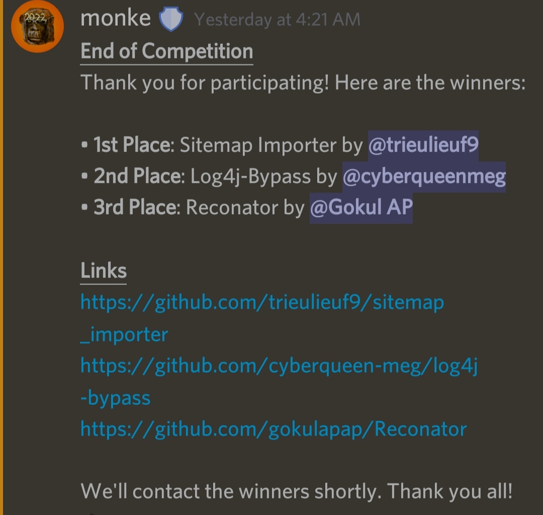 CodingGokul's tweet image. Recently participated in Bounty hunters hackathon conducted by @BountyHunters team, and submitted my project &quot;Reconator&quot; it have won the 3rd place and a cash prize of 25$ 

Project Link : github.com/gokulapap/reco…

#reconator #project #Hackathon 
#bugbounty #cybersec #Pentesting