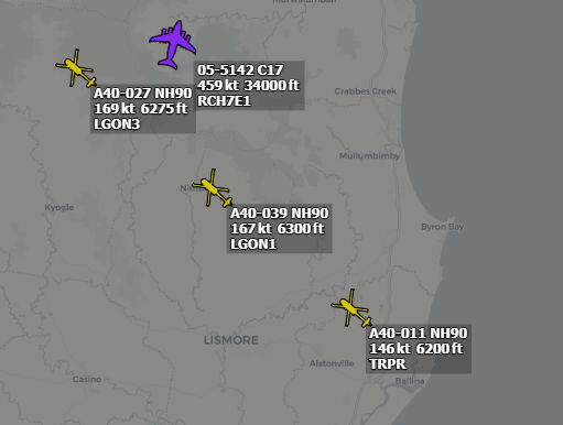 scanSydney's tweet photo. Australian Army Aviation (AAAvn) NH90 A40-027 as LGON3 (LEGION 03), A40-039 (LEGION 01) and A40-0111 as TRPR (TROOPER flight) out of Oakey, assisting with flood rescue/evacuations on the NSW North Coast. #army #flood #oakey #aaavn #legion #trooper #nh90 #australianarmy #NSWFloods https://t.co/AzXf13YaiL