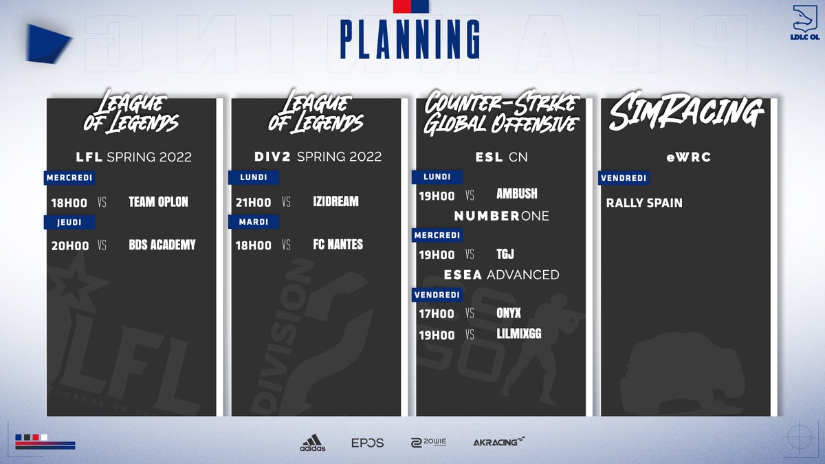 LDLC_OL's tweet photo. On commence Mars avec de beaux matchs ! π₯
ποΈ #Div2LoL
ποΈ #LFL
ποΈ #NumberOneCsgo
ποΈ #ESLCN
ποΈ #ESEAadvanced
ποΈ #WRC
ποΈ #EnduranceSeries https://t.co/w5Sm7XtM9g