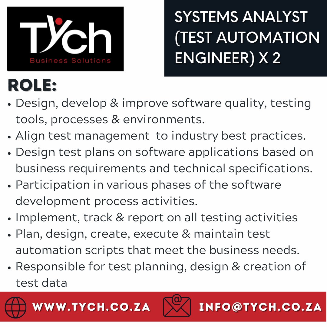TychTeam's tweet photo. CLOSING DATE 10 MARCH 2022
APPLY ONLINE via our website https://t.co/PhbpZ9rRwK
This position is open to persons with disabilities to apply. Tych is a proud member of SAE4D.
Share this post to help others.
#JobSeekersSA #SystemsAnalyst #systemsknowledge #testautomation https://t.co/B8wH4CsbiG