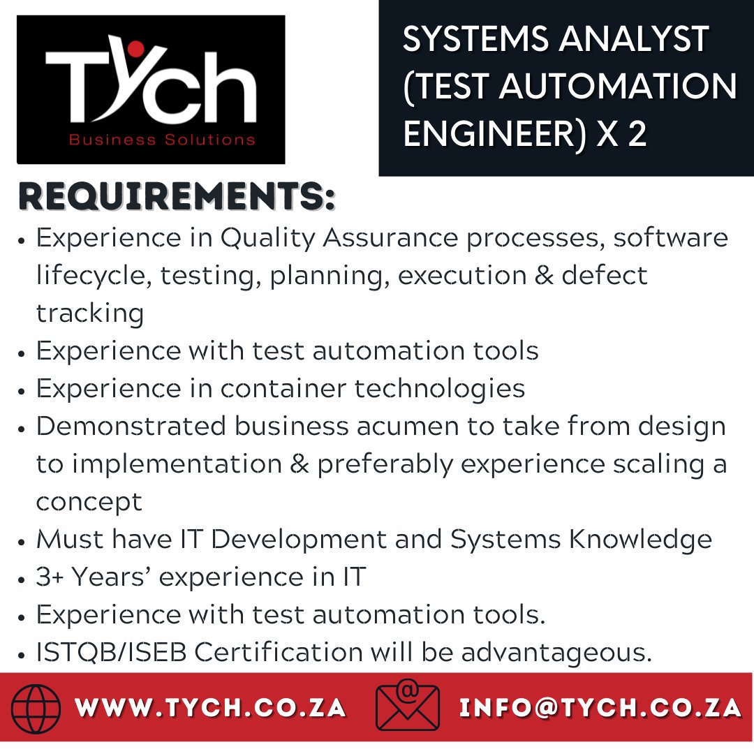 TychTeam's tweet photo. CLOSING DATE 10 MARCH 2022
APPLY ONLINE via our website https://t.co/PhbpZ9rRwK
This position is open to persons with disabilities to apply. Tych is a proud member of SAE4D.
Share this post to help others.
#JobSeekersSA #SystemsAnalyst #systemsknowledge #testautomation https://t.co/B8wH4CsbiG