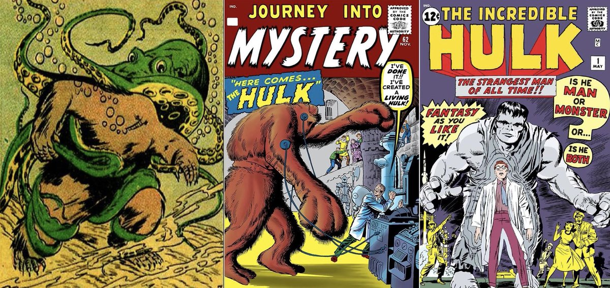 Comichistorians's tweet photo. The original #Heap by #Hillman 1942 with his #sidekick Rickie Wood are similar to the #Hulk and #RickJones. The 1960 story of #Xemnu from #Journey into #Mystery has a different origin, but his appearance and name are a "missing link" between the other two characters. https://t.co/OR6XCiXIUO