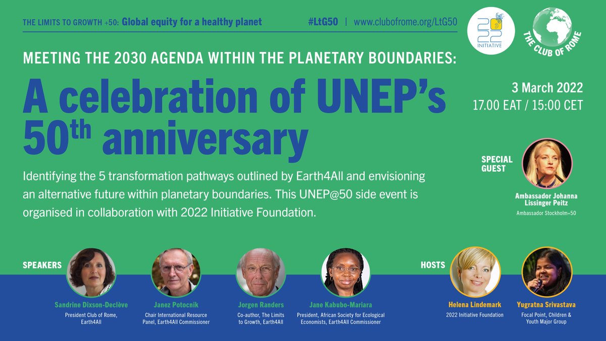 Meeting the 2030 agenda within planetary boundaries. Join us on 3 March 1500 CET with #Earth4All members Jorgen Randers <a href="/SDDecleve/">Sandrine Dixson</a> <a href="/JMARIARA/">JANE MARIARA</a> and Janez Potočnik. #ltg50

bit.ly/3ppO7WN